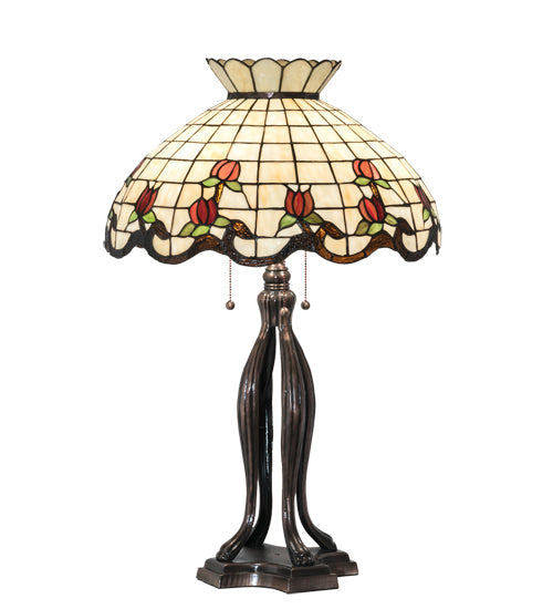 Meyda Lighting Roseborder 32" 3-Light Mahogany Bronze Table Lamp With Multi-Colored Shade Glass