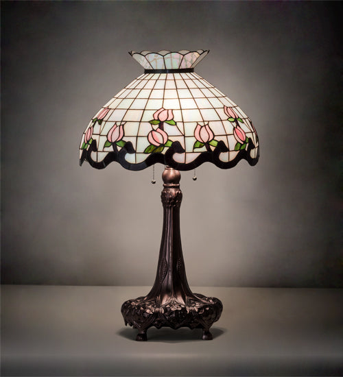 Meyda Lighting Roseborder 33" 3-Light Mahogany Bronze Table Lamp With Multi-Colored Shade Glass