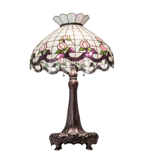 Meyda Lighting Roseborder 33" 3-Light Mahogany Bronze Table Lamp With Multi-Colored Shade Glass