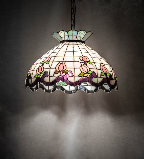 Meyda Lighting Roseborder 46579 20" 3-Light Mahogany Bronze Pendant Light With Multi-Colored Shade Glass