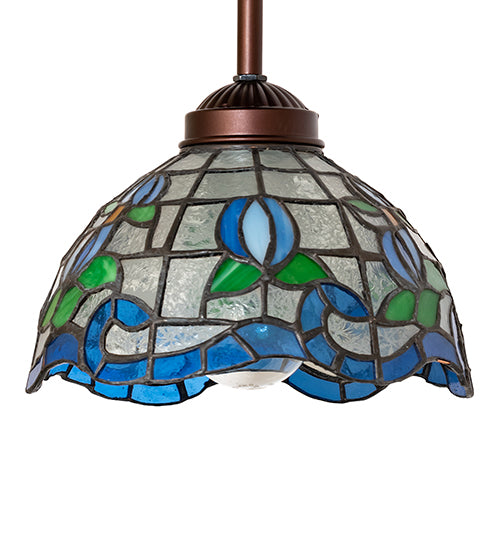 Meyda Lighting Roseborder 7" Antique Mini Pendant Light With Multi-Colored Stained Shade Glass