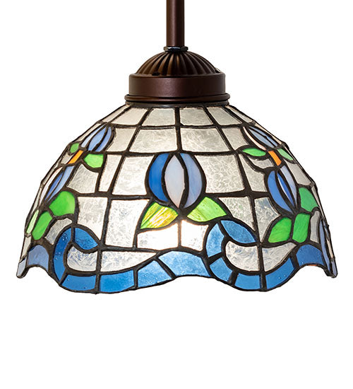 Meyda Lighting Roseborder 7" Antique Mini Pendant Light With Multi-Colored Stained Shade Glass