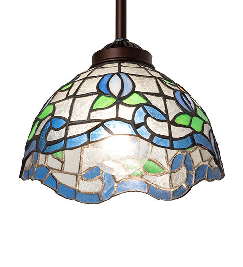 Meyda Lighting Roseborder 7" Antique Mini Pendant Light With Multi-Colored Stained Shade Glass