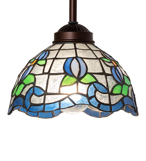 Meyda Lighting Roseborder 7" Antique Mini Pendant Light With Multi-Colored Stained Shade Glass