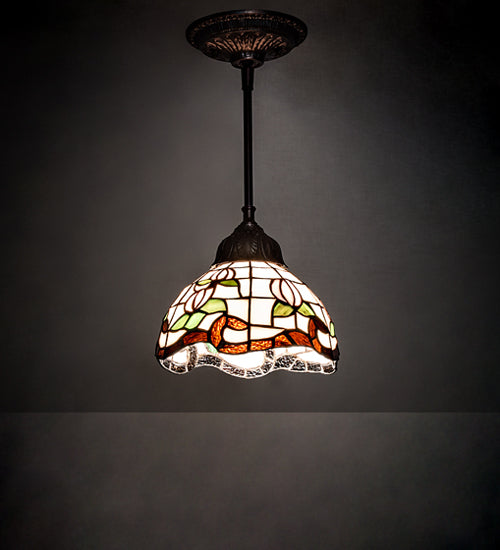 Meyda Lighting Roseborder 7" Mahogany Bronze Mini Pendant Light With Multi-Colored Shade Glass