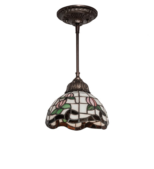 Meyda Lighting Roseborder 7" Mahogany Bronze Mini Pendant Light With Multi-Colored Shade Glass