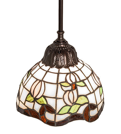 Meyda Lighting Roseborder 7" Mahogany Bronze Mini Pendant Light With Multi-Colored Shade Glass