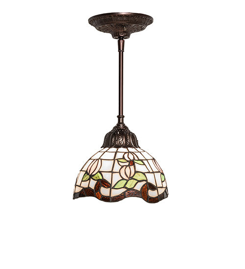 Meyda Lighting Roseborder 7" Mahogany Bronze Mini Pendant Light With Multi-Colored Shade Glass