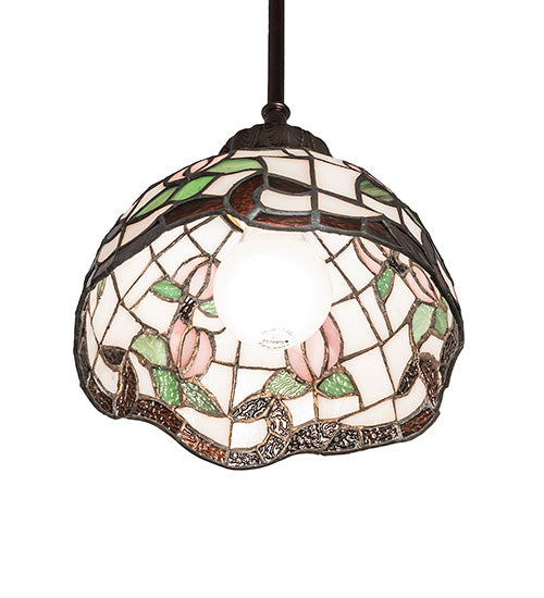 Meyda Lighting Roseborder 7" Mahogany Bronze Mini Pendant Light With Multi-Colored Shade Glass