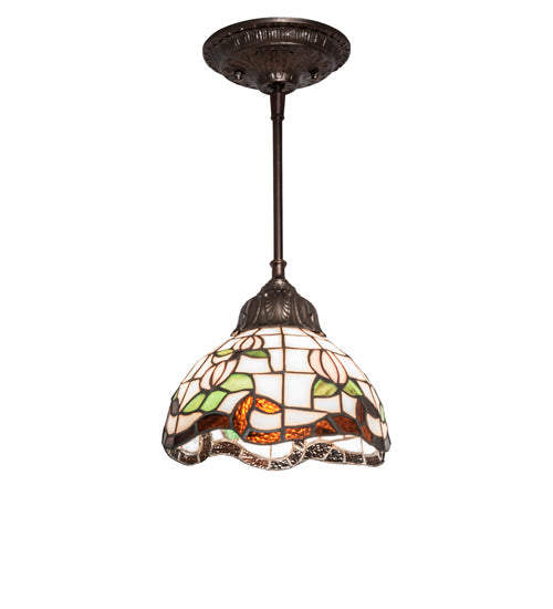 Meyda Lighting Roseborder 7" Mahogany Bronze Mini Pendant Light With Multi-Colored Shade Glass
