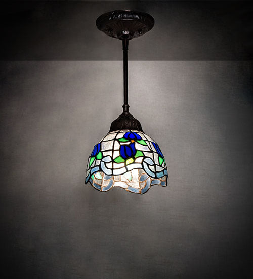 Meyda Lighting Roseborder 7" Mahogany Bronze Mini Pendant Light With Stained Shade Glass
