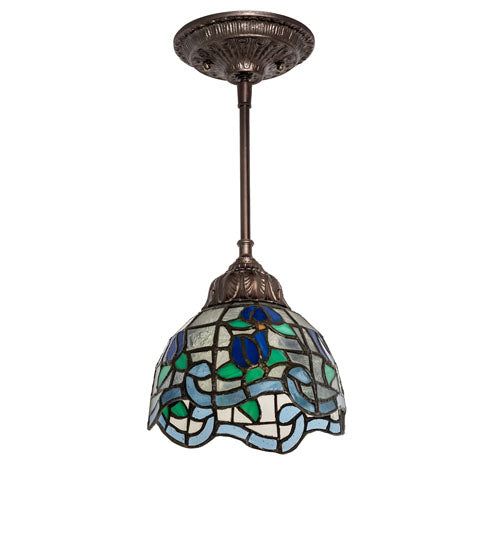 Meyda Lighting Roseborder 7" Mahogany Bronze Mini Pendant Light With Stained Shade Glass