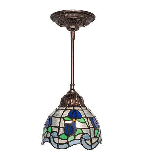 Meyda Lighting Roseborder 7" Mahogany Bronze Mini Pendant Light With Stained Shade Glass