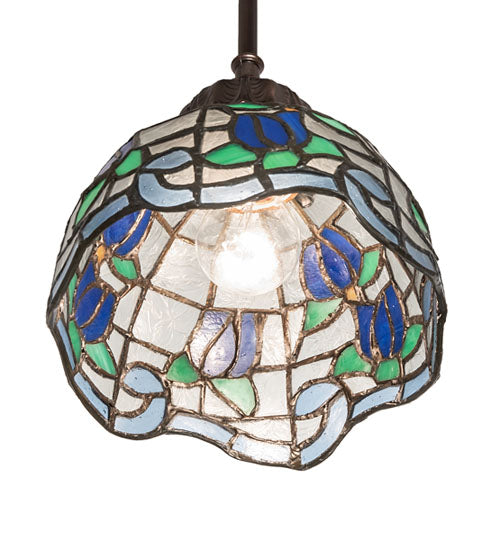 Meyda Lighting Roseborder 7" Mahogany Bronze Mini Pendant Light With Stained Shade Glass