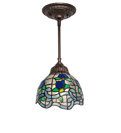Meyda Lighting Roseborder 7" Mahogany Bronze Mini Pendant Light With Stained Shade Glass