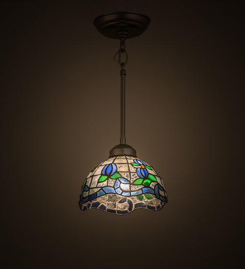 Meyda Lighting Roseborder 8" Nickel Mini Pendant Light With Multi-Colored Shade Glass