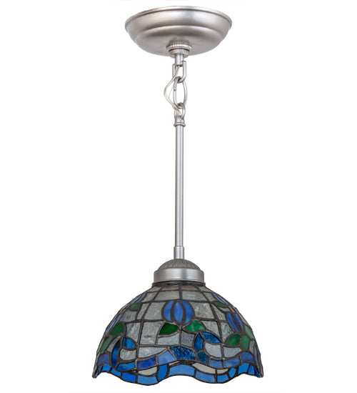 Meyda Lighting Roseborder 8" Nickel Mini Pendant Light With Multi-Colored Shade Glass