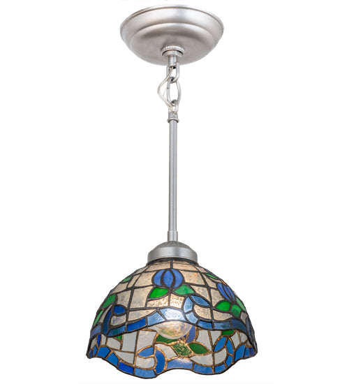 Meyda Lighting Roseborder 8" Nickel Mini Pendant Light With Multi-Colored Shade Glass
