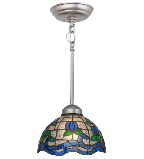 Meyda Lighting Roseborder 8" Nickel Mini Pendant Light With Multi-Colored Shade Glass