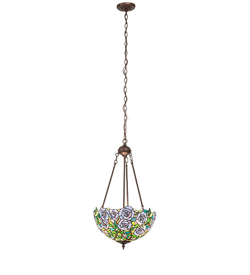 Meyda Lighting Rosebush 16" 2-Light Mahogany Bronze Inverted Pendant Light With Multi-Colored Stained Shade Glass