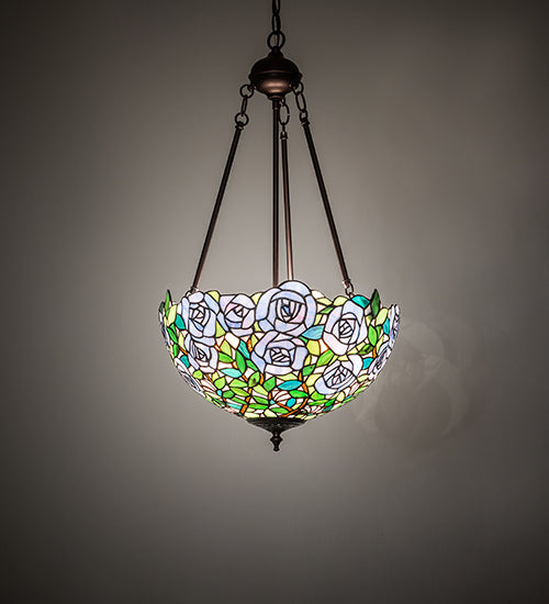 Meyda Lighting Rosebush 16" 2-Light Mahogany Bronze Inverted Pendant Light With Multi-Colored Stained Shade Glass