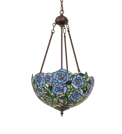 Meyda Lighting Rosebush 16" 2-Light Mahogany Bronze Inverted Pendant Light With Multi-Colored Stained Shade Glass