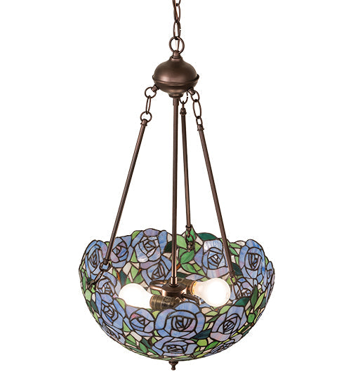 Meyda Lighting Rosebush 16" 2-Light Mahogany Bronze Inverted Pendant Light With Multi-Colored Stained Shade Glass