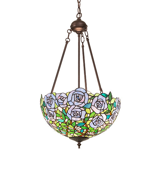 Meyda Lighting Rosebush 16" 2-Light Mahogany Bronze Inverted Pendant Light With Multi-Colored Stained Shade Glass