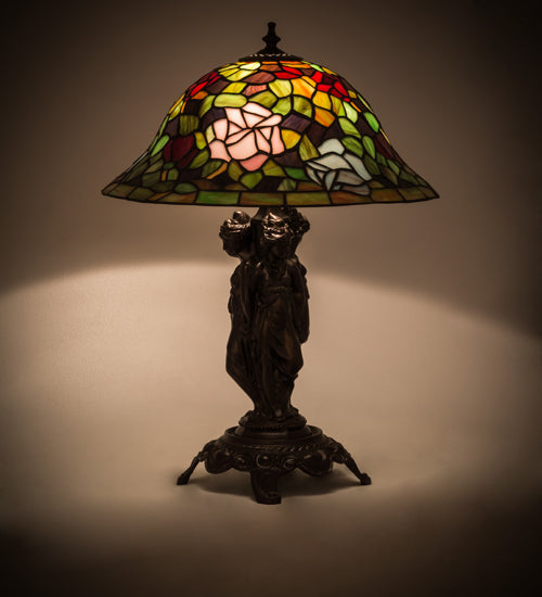 Meyda Lighting Rosebush 22" Mahogany Bronze Table Lamp With Multi-Colored Stained Shade Glass