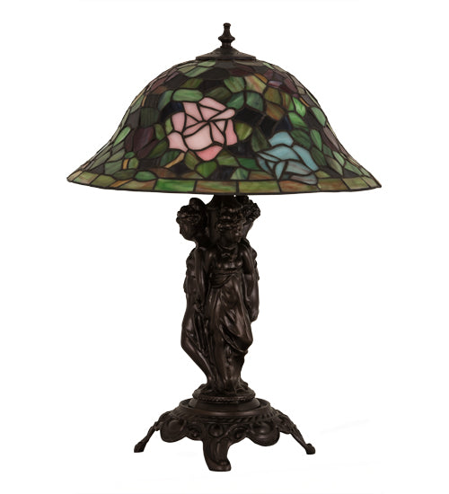 Meyda Lighting Rosebush 22" Mahogany Bronze Table Lamp With Multi-Colored Stained Shade Glass
