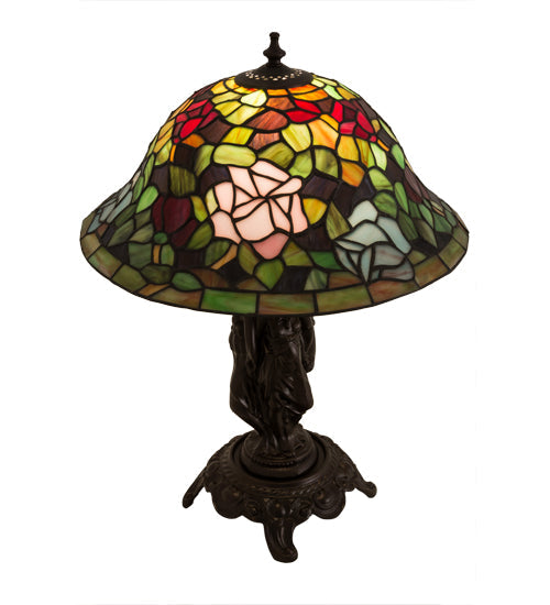 Meyda Lighting Rosebush 22" Mahogany Bronze Table Lamp With Multi-Colored Stained Shade Glass