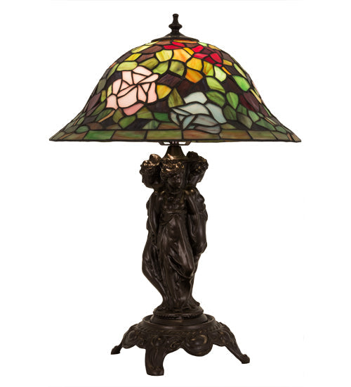 Meyda Lighting Rosebush 22" Mahogany Bronze Table Lamp With Multi-Colored Stained Shade Glass
