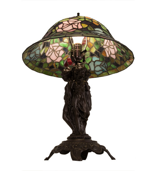 Meyda Lighting Rosebush 22" Mahogany Bronze Table Lamp With Multi-Colored Stained Shade Glass
