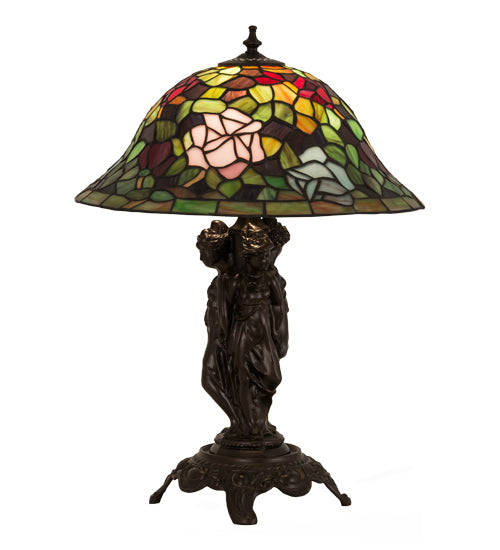 Meyda Lighting Rosebush 22" Mahogany Bronze Table Lamp With Multi-Colored Stained Shade Glass