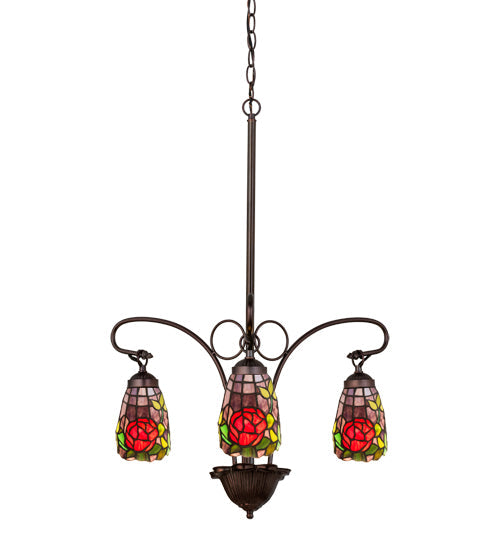 Meyda Lighting Rosebush 23" 3-Light Mahogany Bronze Chandelier With Multi-Colored Shade Glass