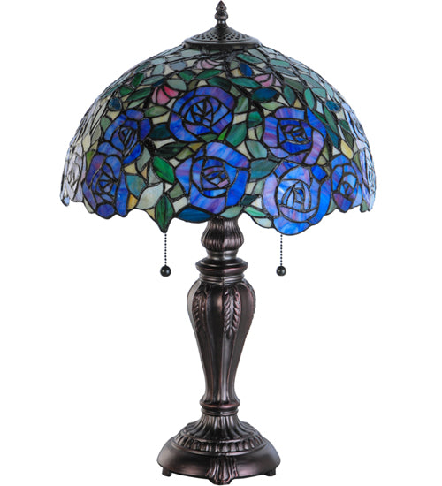 Meyda Lighting Rosebush 24" 2-Light Mahogany Bronze Table Lamp With Multi-Colored Shade Glass