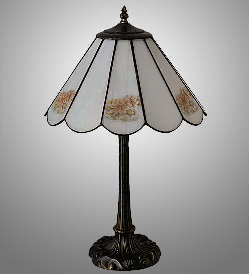 Meyda Lighting Roses 21" Mahogany Bronze Table Lamp With Iridescent White & Pink Flowers Shade Glass