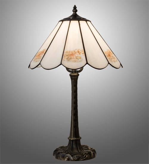 Meyda Lighting Roses 21" Mahogany Bronze Table Lamp With Iridescent White & Pink Flowers Shade Glass