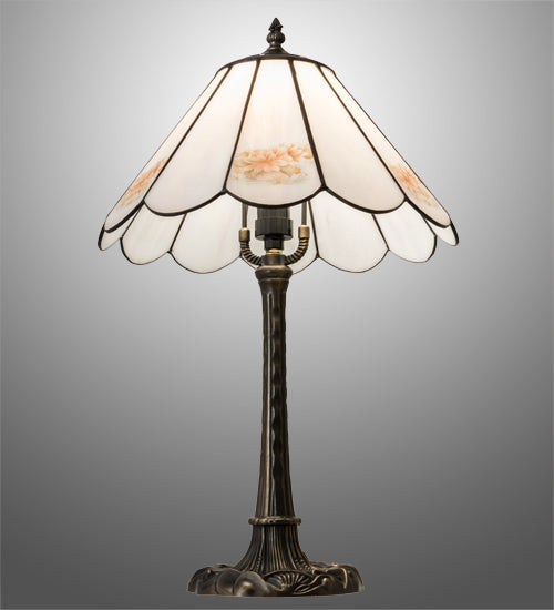 Meyda Lighting Roses 21" Mahogany Bronze Table Lamp With Iridescent White & Pink Flowers Shade Glass
