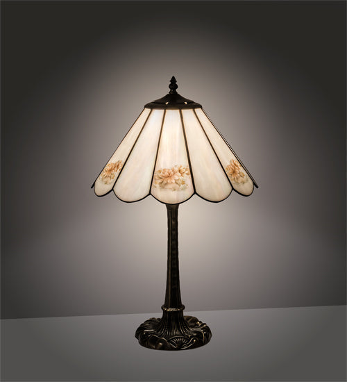 Meyda Lighting Roses 21" Mahogany Bronze Table Lamp With Iridescent White & Pink Flowers Shade Glass