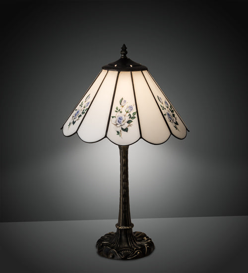 Meyda Lighting Roses 21" Mahogany Bronze Table Lamp With Spectrum White & Blue Roses Shade Glass