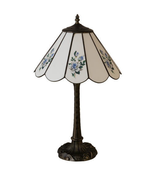 Meyda Lighting Roses 21" Mahogany Bronze Table Lamp With Spectrum White & Blue Roses Shade Glass