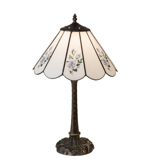 Meyda Lighting Roses 21" Mahogany Bronze Table Lamp With Spectrum White & Blue Roses Shade Glass