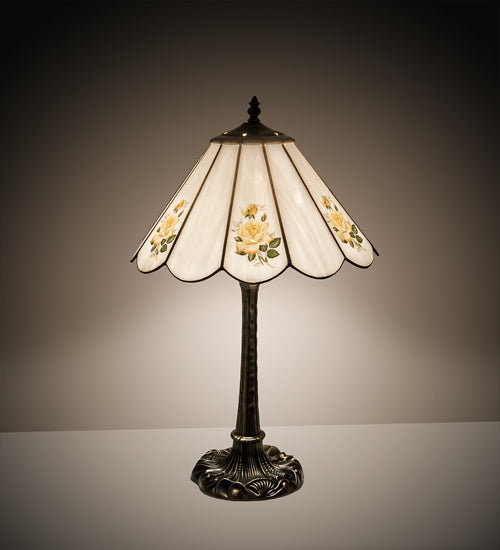 Meyda Lighting Roses 21" Mahogany Bronze Table Lamp With Wissmach White & Yellow Rose Shade Glass