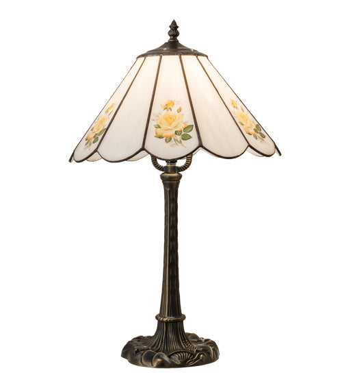 Meyda Lighting Roses 21" Mahogany Bronze Table Lamp With Wissmach White & Yellow Rose Shade Glass