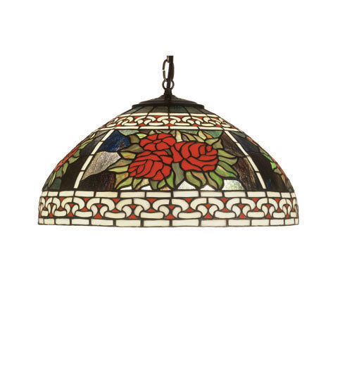 Meyda Lighting Roses & Scrolls 18" Mahogany Bronze Pendant Light With Multi-Colored Stained Shade Glass