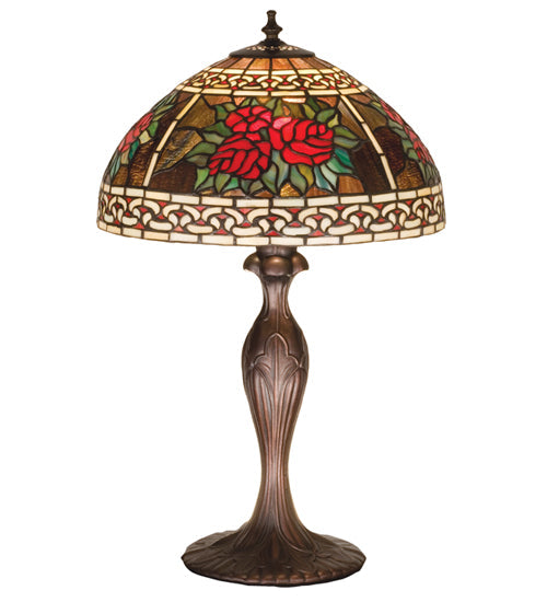 Meyda Lighting Roses & Scrolls 23" Mahogany Bronze Table Lamp With Multi-Colored Shade Glass