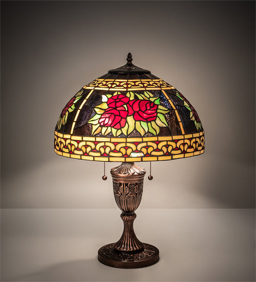 Meyda Lighting Roses & Scrolls 25" 2-Light Mahogany Bronze Table Lamp With Multi-Colored Stained Shade Glass