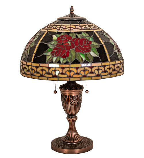 Meyda Lighting Roses & Scrolls 25" 2-Light Mahogany Bronze Table Lamp With Multi-Colored Stained Shade Glass