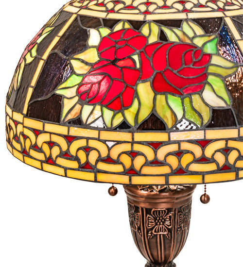 Meyda Lighting Roses & Scrolls 25" 2-Light Mahogany Bronze Table Lamp With Multi-Colored Stained Shade Glass